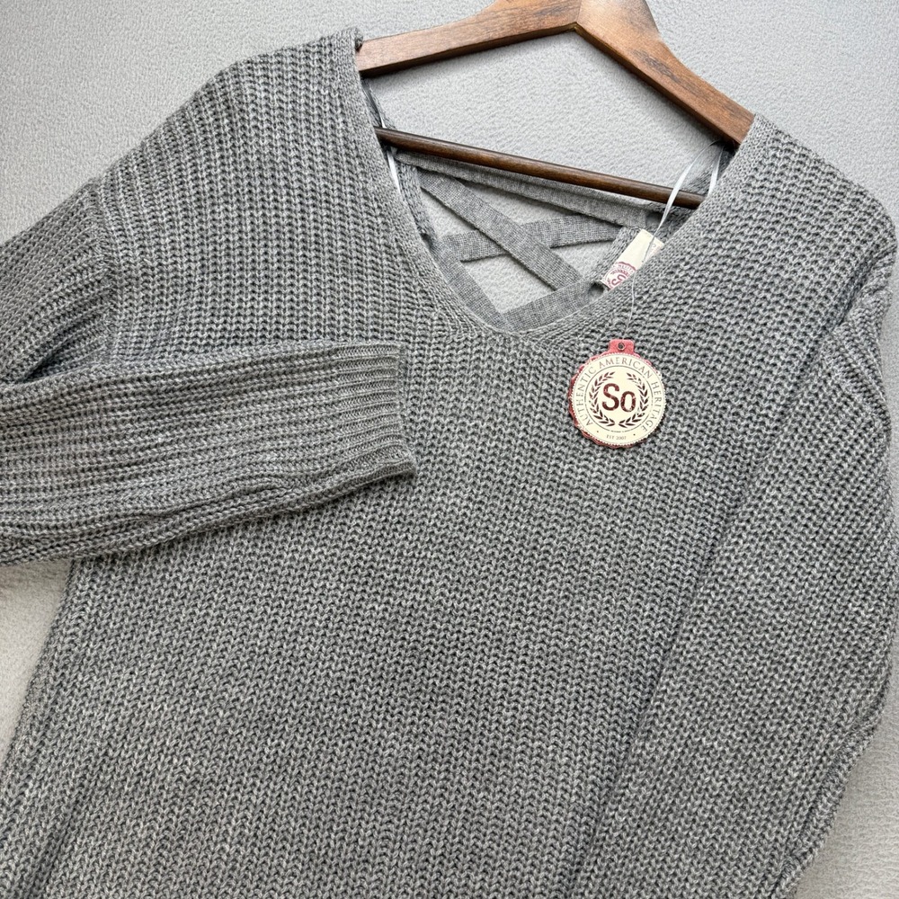 SO Lace Up Back Pullover Women S Grey Marl Acrylic Knit Casual Sweater NWT